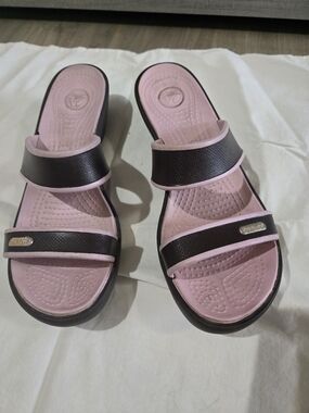 CROCS Pink and Black Dual-Strap Slide Sandals